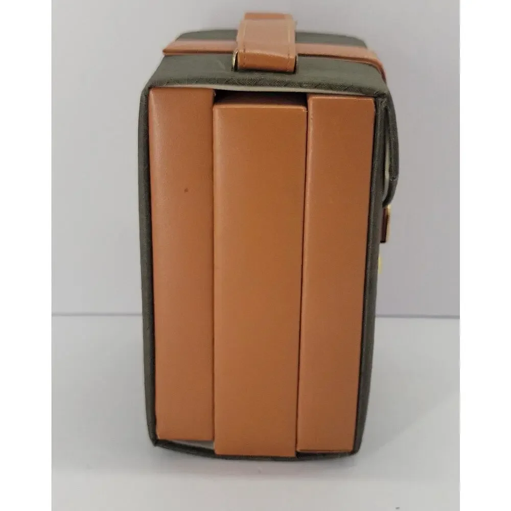 Vintage Travel Jewelry Case Organizer Green & Tan Folding Portable Storage Box